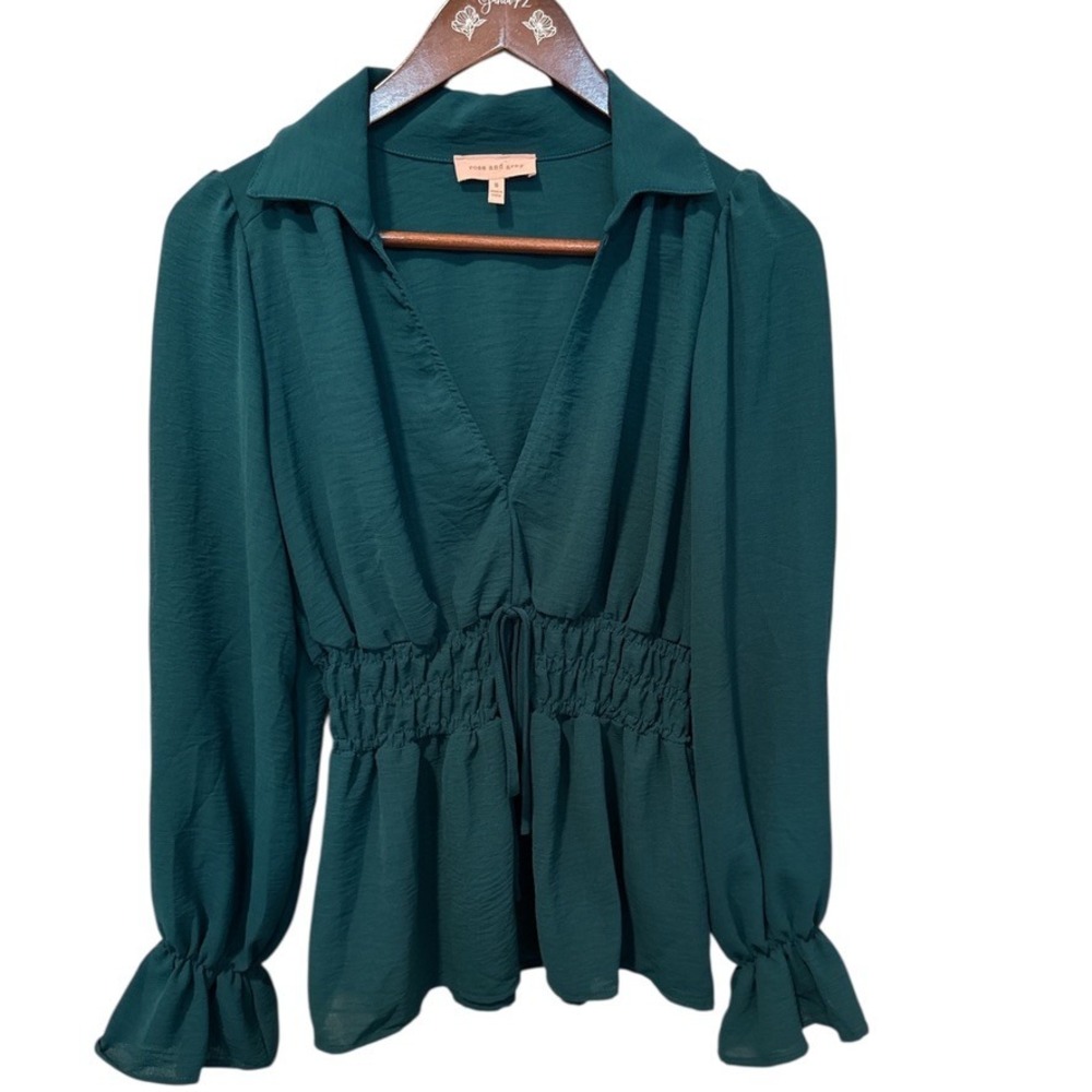 Rose and Grey‎ Green Ruched Cinched Waist Collared Long Sleeve Peplum Blouse S
